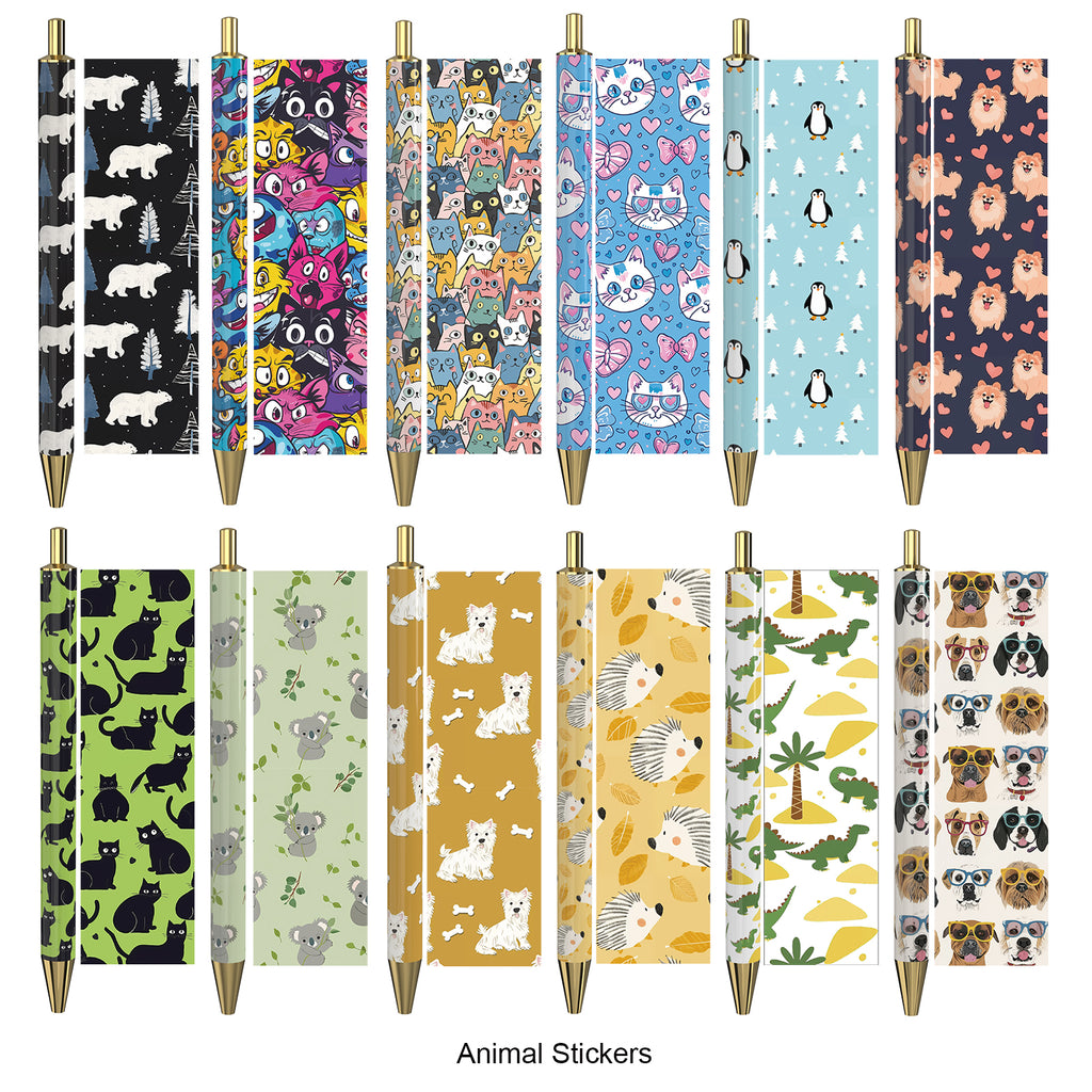 Rarler 12 Blank Click Ballpoint Pens with Blue Transparent Mesh Pencil Case, 12 Theme Stickers for DIY, Gold Tip and Cap, School Office Stationery Supplies (12 Pack)