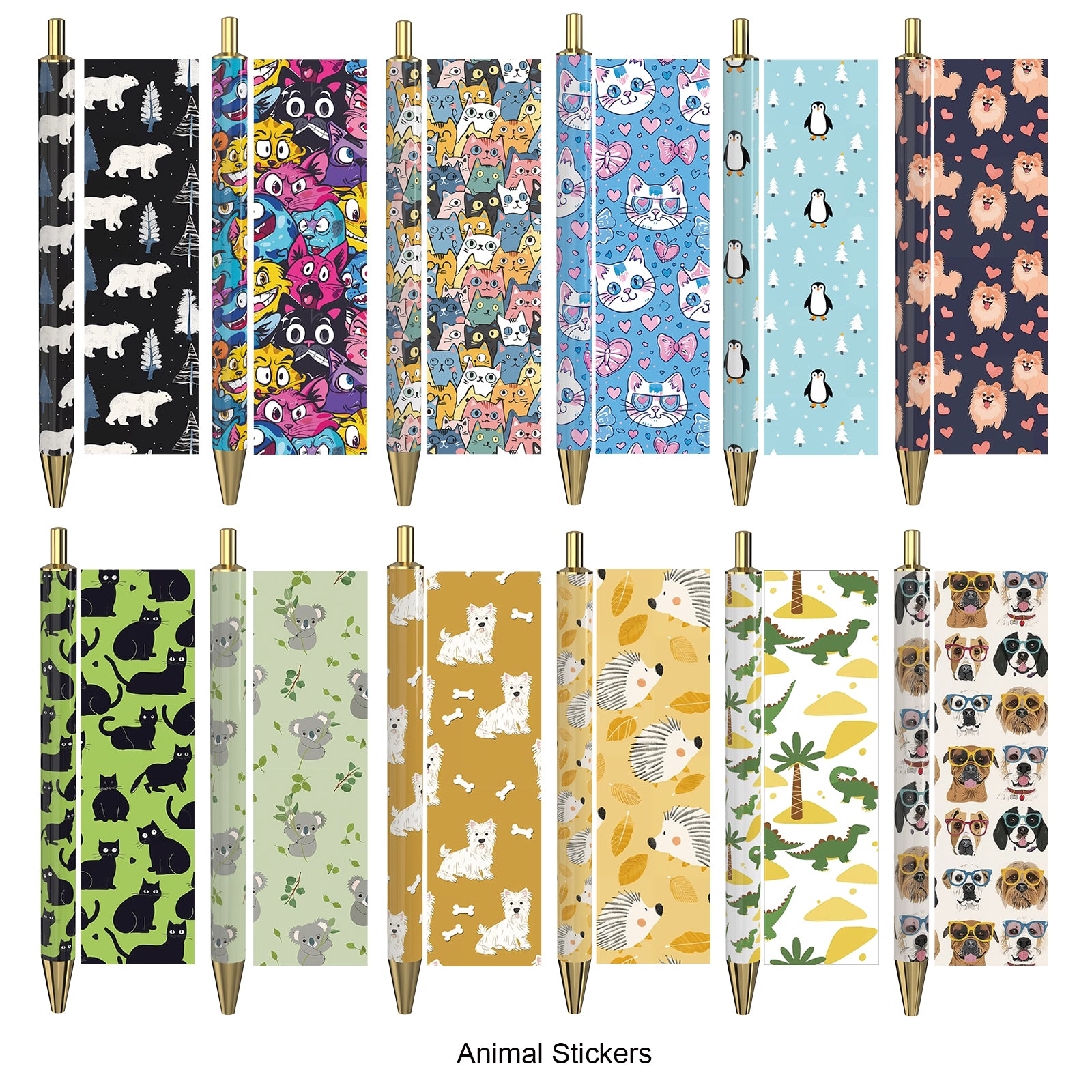 Rarler 12 Blank Click Ballpoint Pens with Blue Transparent Mesh Pencil Case, 12 Theme Stickers for DIY, Gold Tip and Cap, School Office Stationery Supplies (12 Pack)