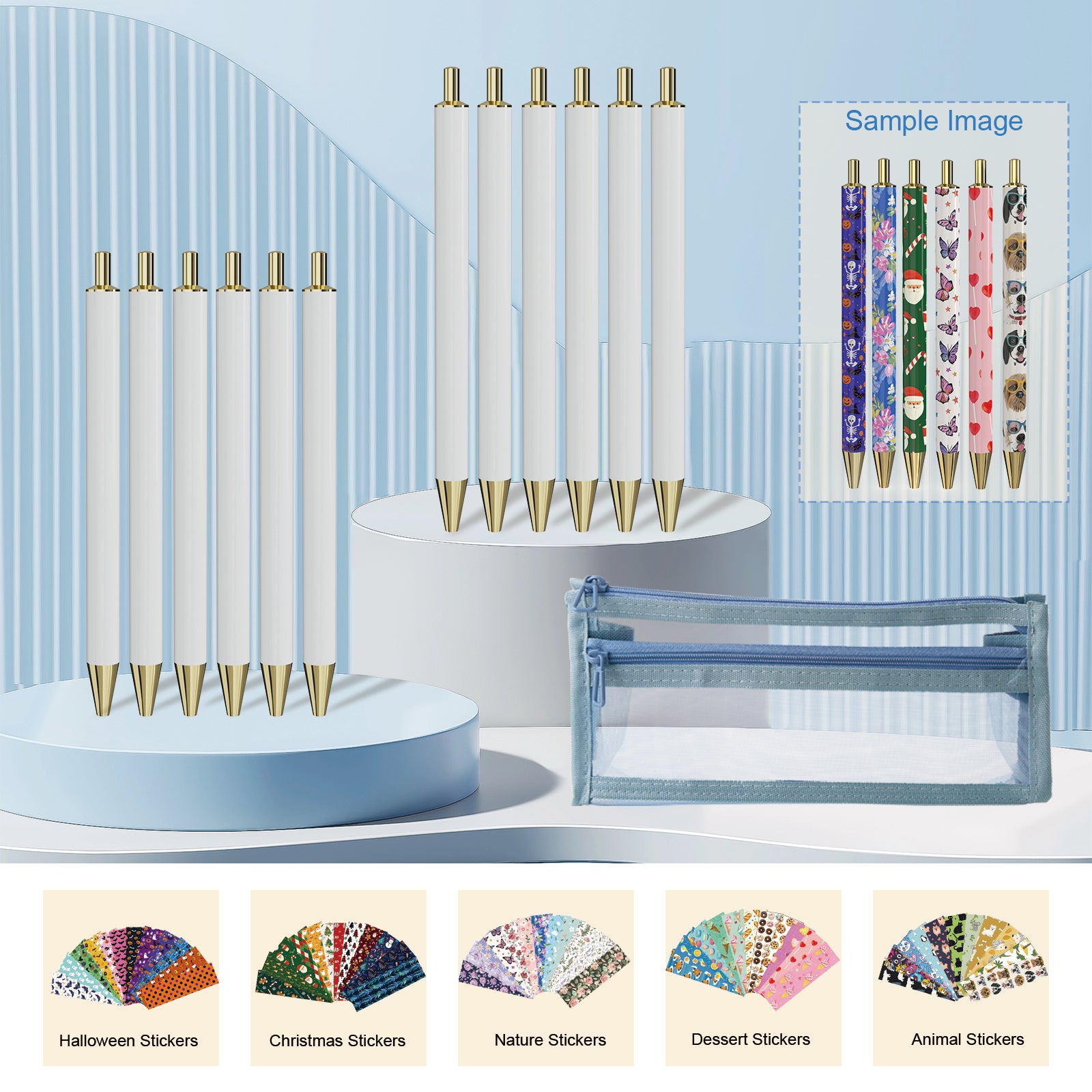 Rarler 12 Blank Click Ballpoint Pens with Blue Transparent Mesh Pencil Case, 12 Theme Stickers for DIY, Gold Tip and Cap, School Office Stationery Supplies (12 Pack)