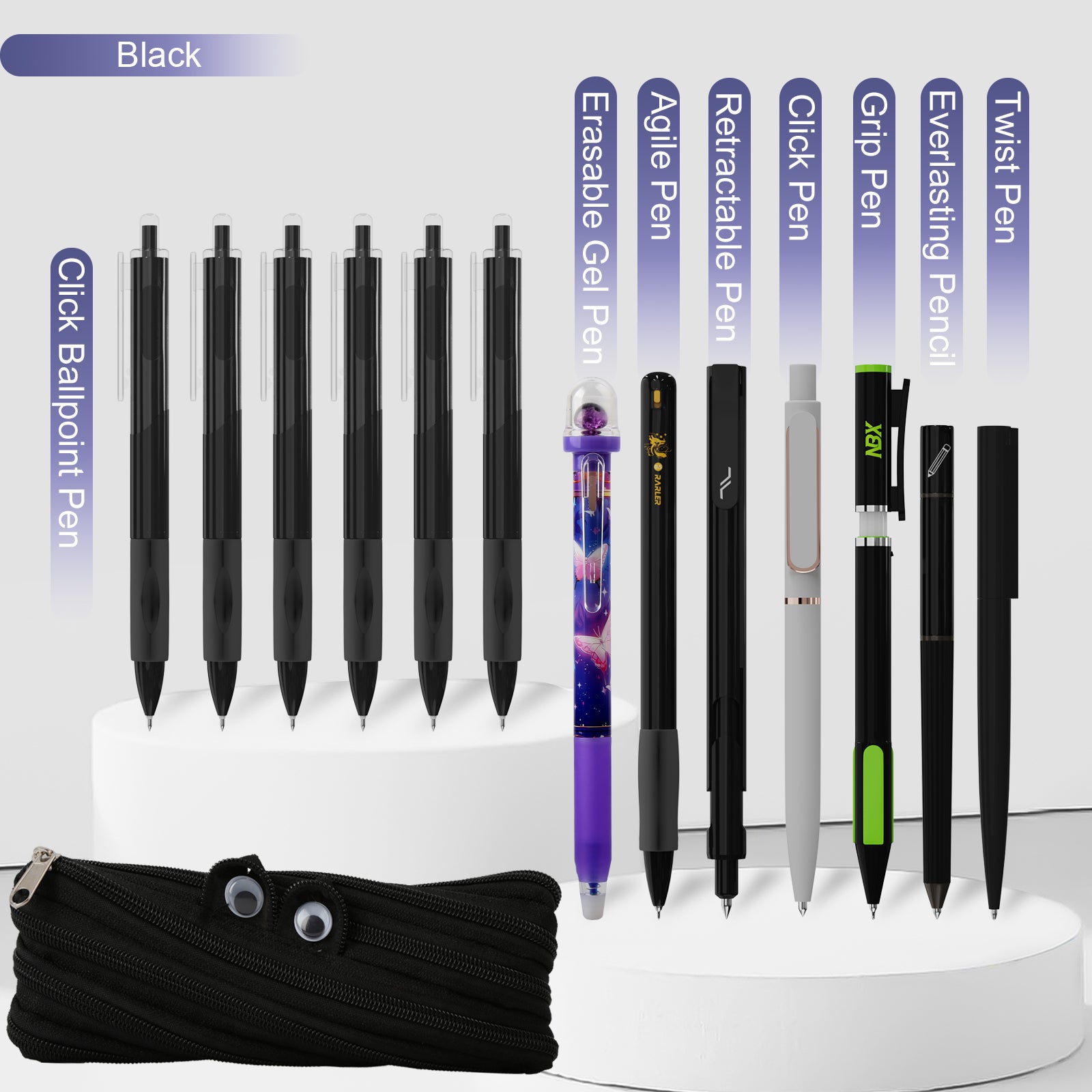 Rarler 13 PCS Smart Pen School Supplies with Moster Pencil Case, 1 Twist Pen, 1 Everlasting Pencil, 1 Grip Pen, 1 Click Pen, 1 Retractable Pen, 1 Agile Pen, 1 Erasable Gel Pen, 6 Click Ballpoint Pens 0.5mm Student Essentials infinity pen