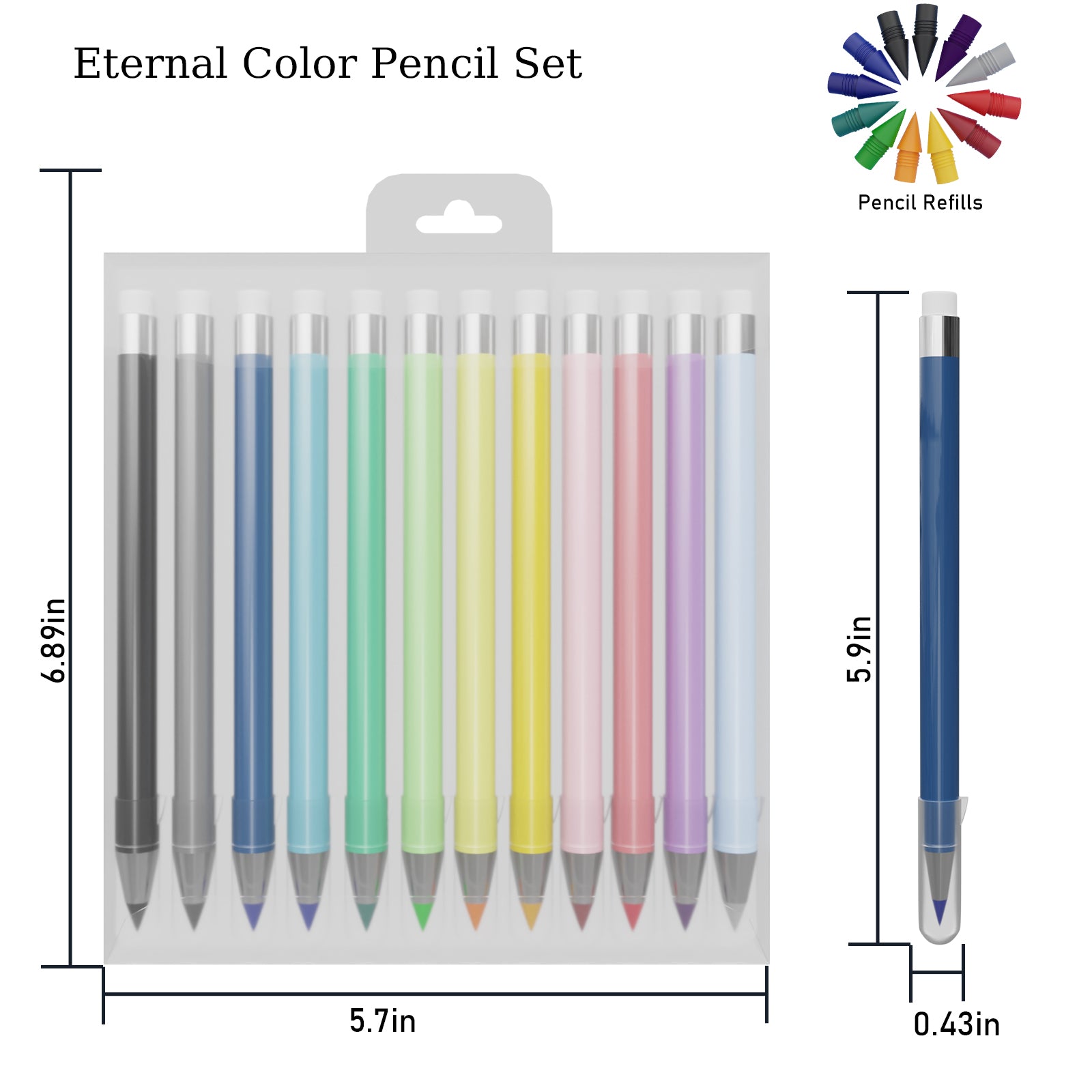 Rarler Eternal Pencil Set No Sharpening Replaceable Lead Long Writing Tip Protector 12 Pcs Multi-Scenario Creative Art Supplies for Students & Professionals