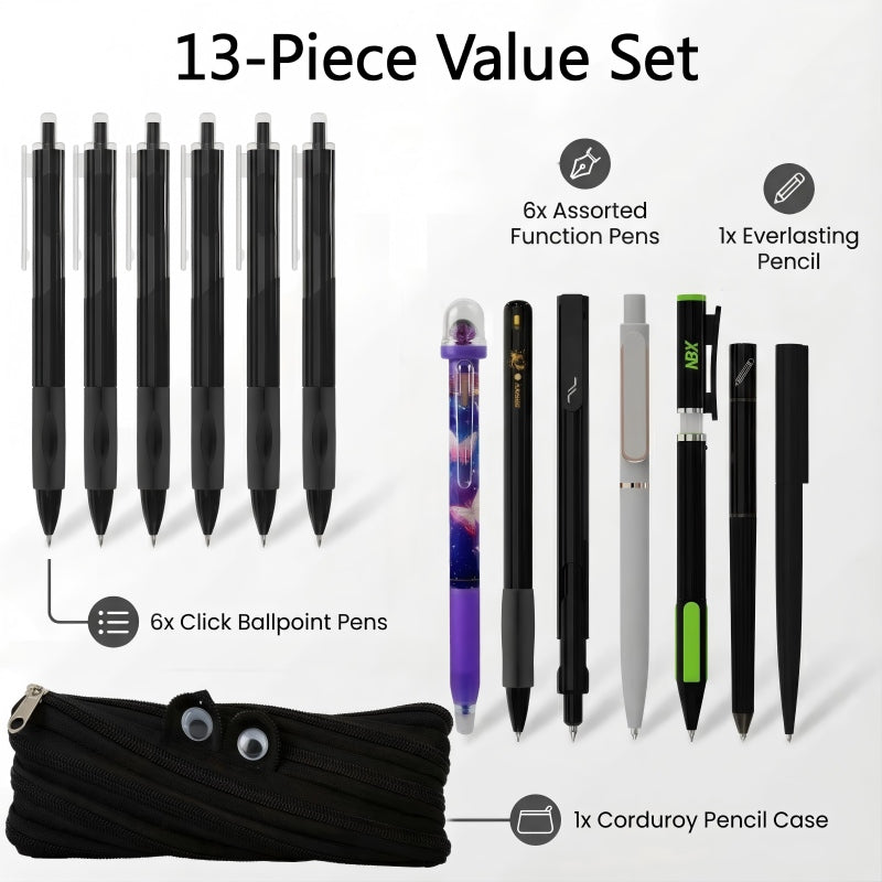 Rarler 13 PCS Smart Pen School Supplies with Moster Pencil Case, 1 Twist Pen, 1 Everlasting Pencil, 1 Grip Pen, 1 Click Pen, 1 Retractable Pen, 1 Agile Pen, 1 Erasable Gel Pen, 6 Click Ballpoint Pens 0.5mm Student Essentials infinity pen