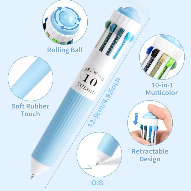 Multi-color ballpoint pen set, 10-in-1 multi-color drawing retractable ballpoint pen, 0.8mm colored ballpoint pens suitable for office and school supplies