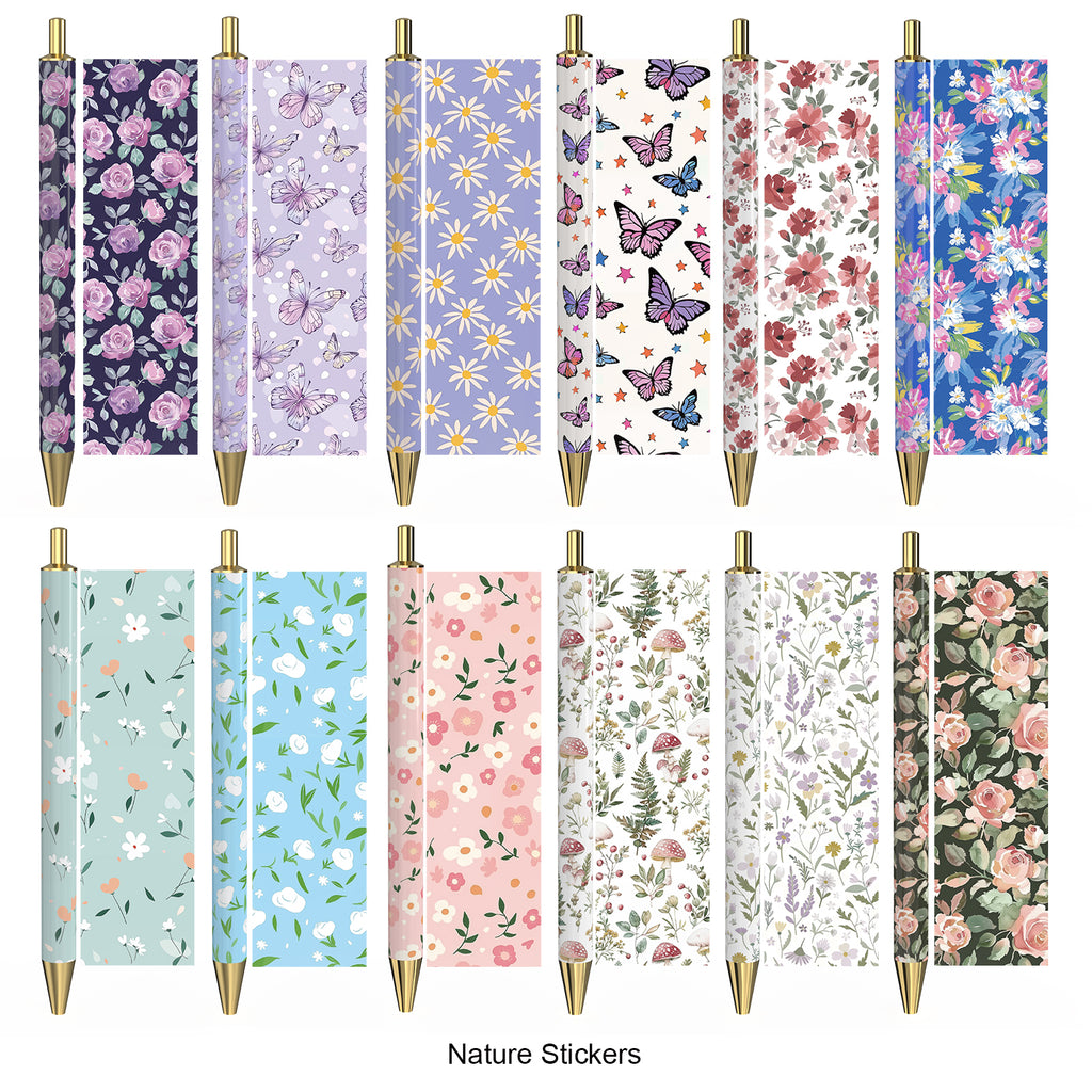 Rarler 12 Blank Click Ballpoint Pens with Blue Transparent Mesh Pencil Case, 12 Theme Stickers for DIY, Gold Tip and Cap, School Office Stationery Supplies (12 Pack)