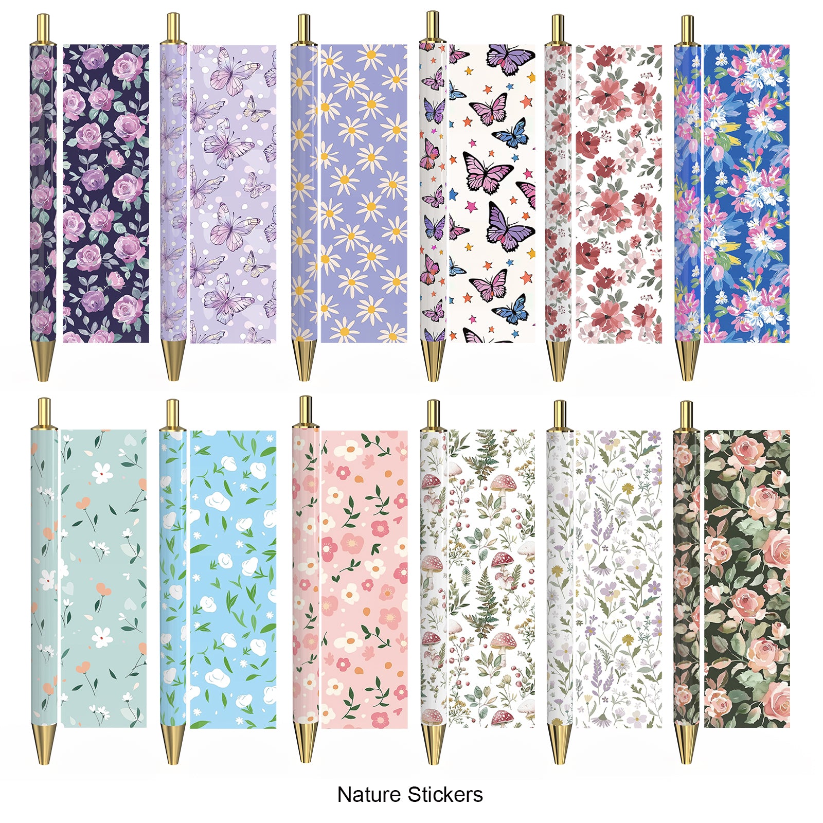 Rarler 12 Blank Click Ballpoint Pens with Blue Transparent Mesh Pencil Case, 12 Theme Stickers for DIY, Gold Tip and Cap, School Office Stationery Supplies (12 Pack)