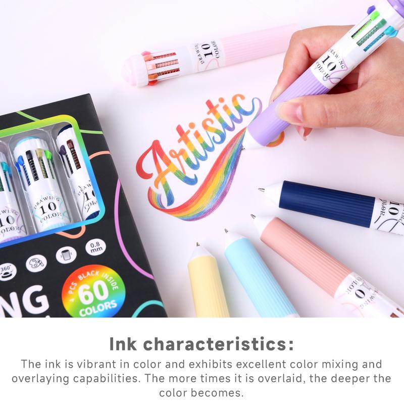 Multi-color ballpoint pen set, 10-in-1 multi-color drawing retractable ballpoint pen, 0.8mm colored ballpoint pens suitable for office and school supplies