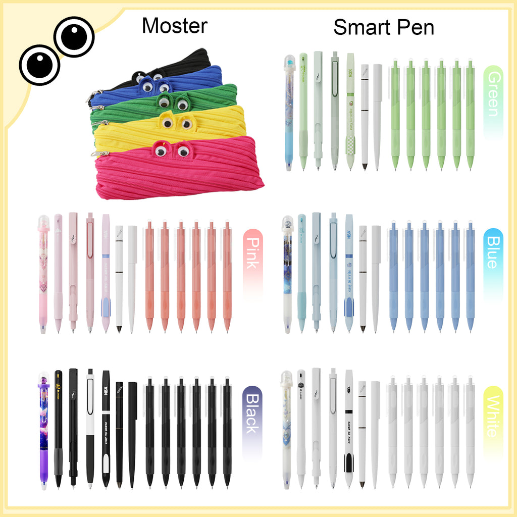 Rarler 13 PCS Smart Pen School Supplies with Moster Pencil Case, 1 Twist Pen, 1 Everlasting Pencil, 1 Grip Pen, 1 Click Pen, 1 Retractable Pen, 1 Agile Pen, 1 Erasable Gel Pen, 6 Click Ballpoint Pens 0.5mm Student Essentials infinity pen