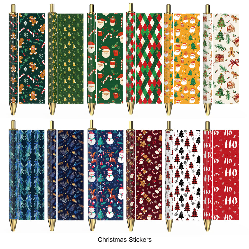 Rarler 12 Blank Click Ballpoint Pens with Blue Transparent Mesh Pencil Case, 12 Theme Stickers for DIY, Gold Tip and Cap, School Office Stationery Supplies (12 Pack)