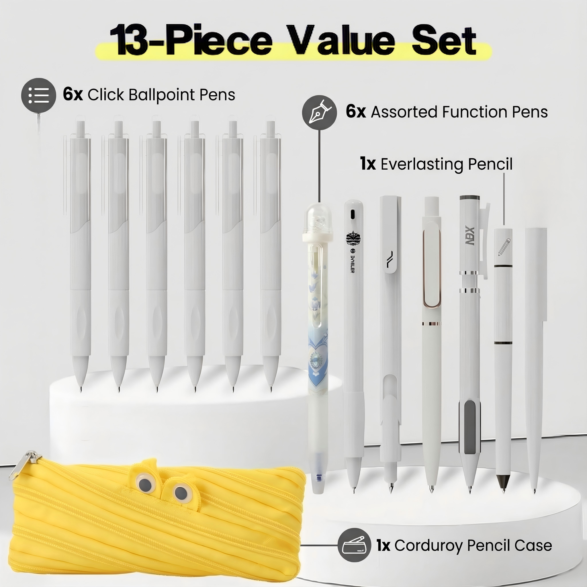 Rarler 13 PCS Smart Pen School Supplies with Moster Pencil Case, 1 Twist Pen, 1 Everlasting Pencil, 1 Grip Pen, 1 Click Pen, 1 Retractable Pen, 1 Agile Pen, 1 Erasable Gel Pen, 6 Click Ballpoint Pens 0.5mm Student Essentials infinity pen