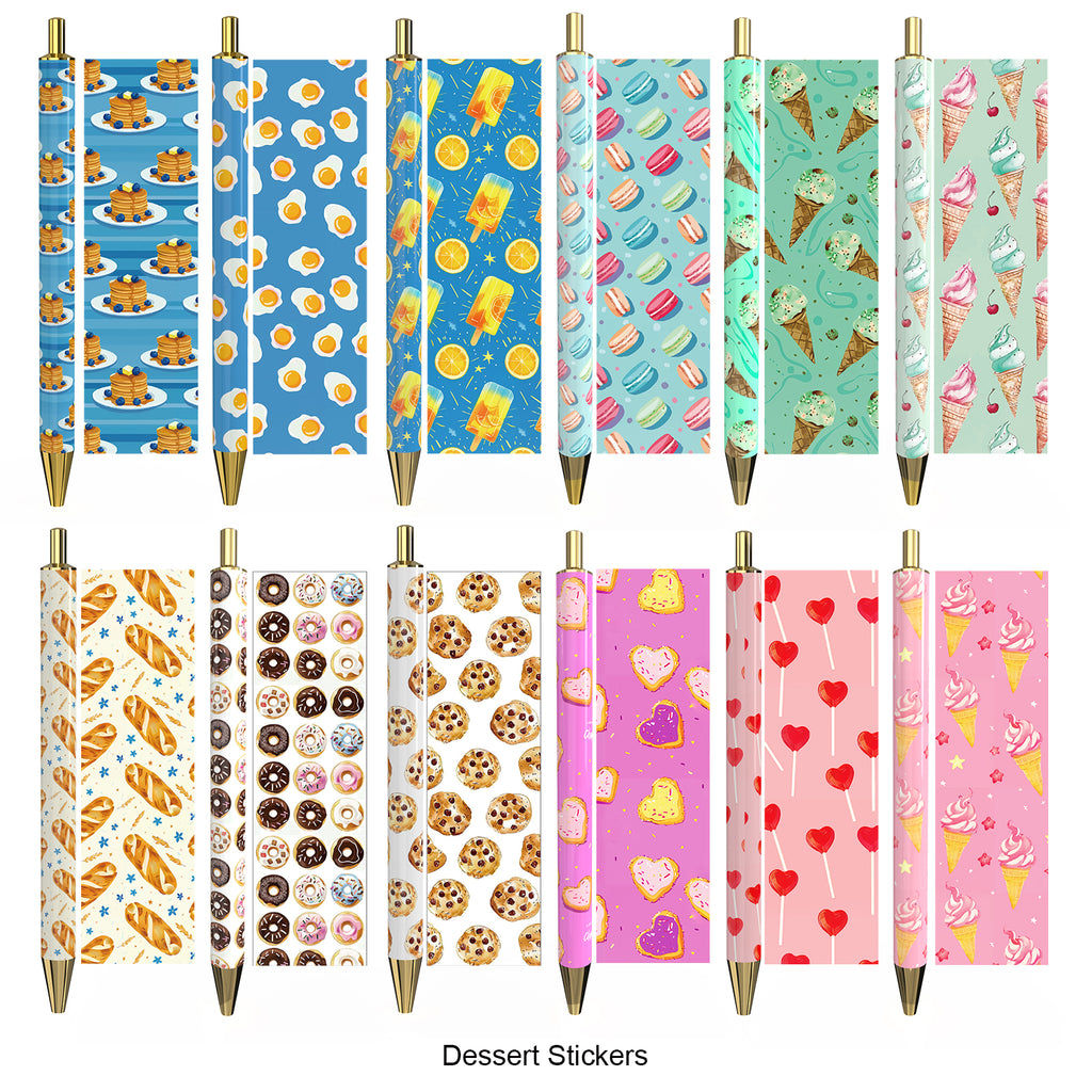 Rarler 12 Blank Click Ballpoint Pens with Blue Transparent Mesh Pencil Case, 12 Theme Stickers for DIY, Gold Tip and Cap, School Office Stationery Supplies (12 Pack)