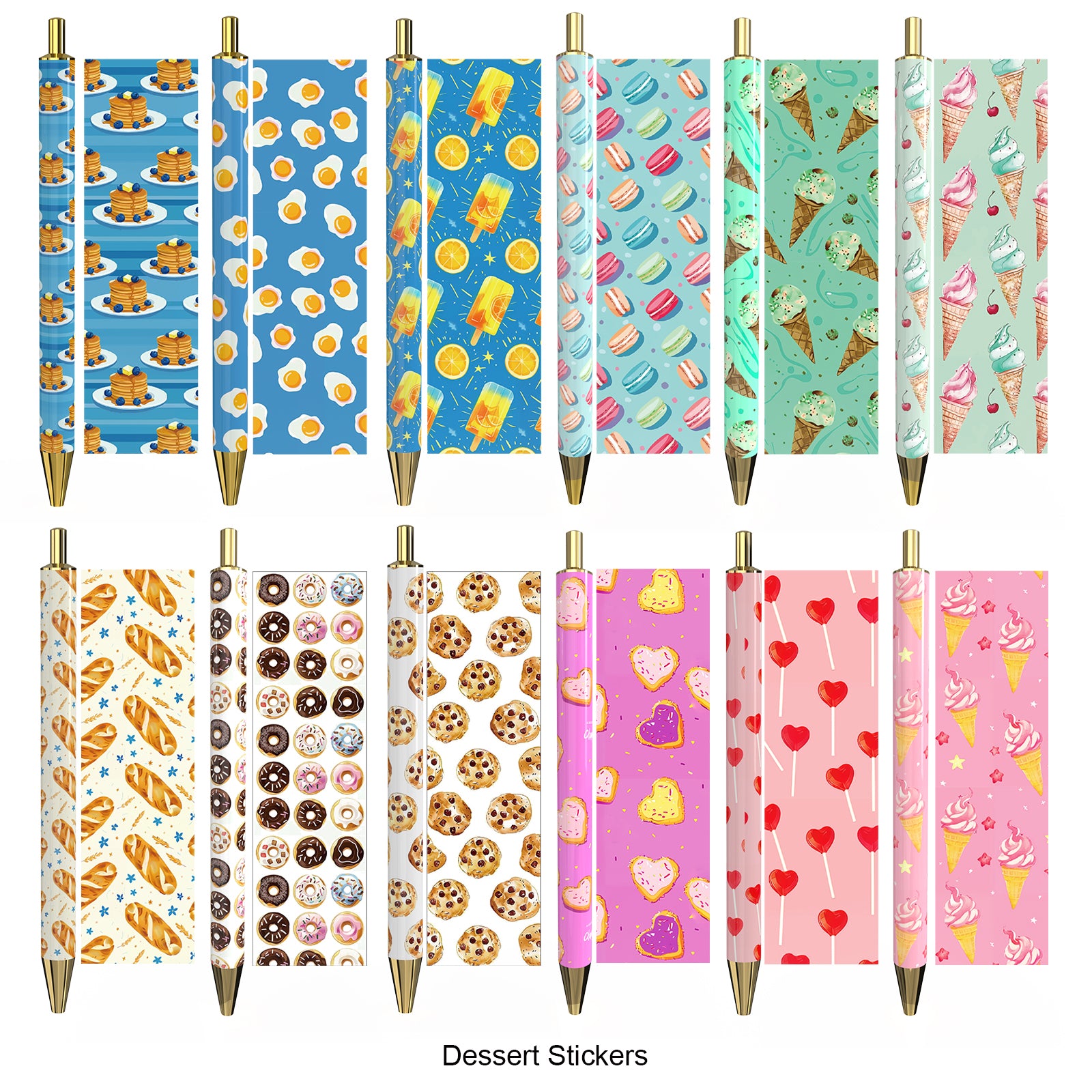 Rarler 12 Blank Click Ballpoint Pens with Blue Transparent Mesh Pencil Case, 12 Theme Stickers for DIY, Gold Tip and Cap, School Office Stationery Supplies (12 Pack)