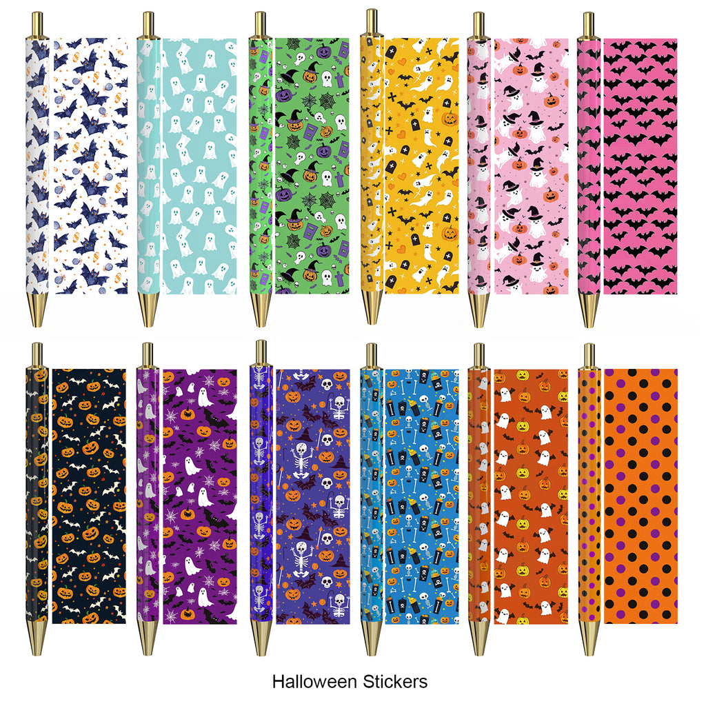 Rarler 12 Blank Click Ballpoint Pens with Blue Transparent Mesh Pencil Case, 12 Theme Stickers for DIY, Gold Tip and Cap, School Office Stationery Supplies (12 Pack)