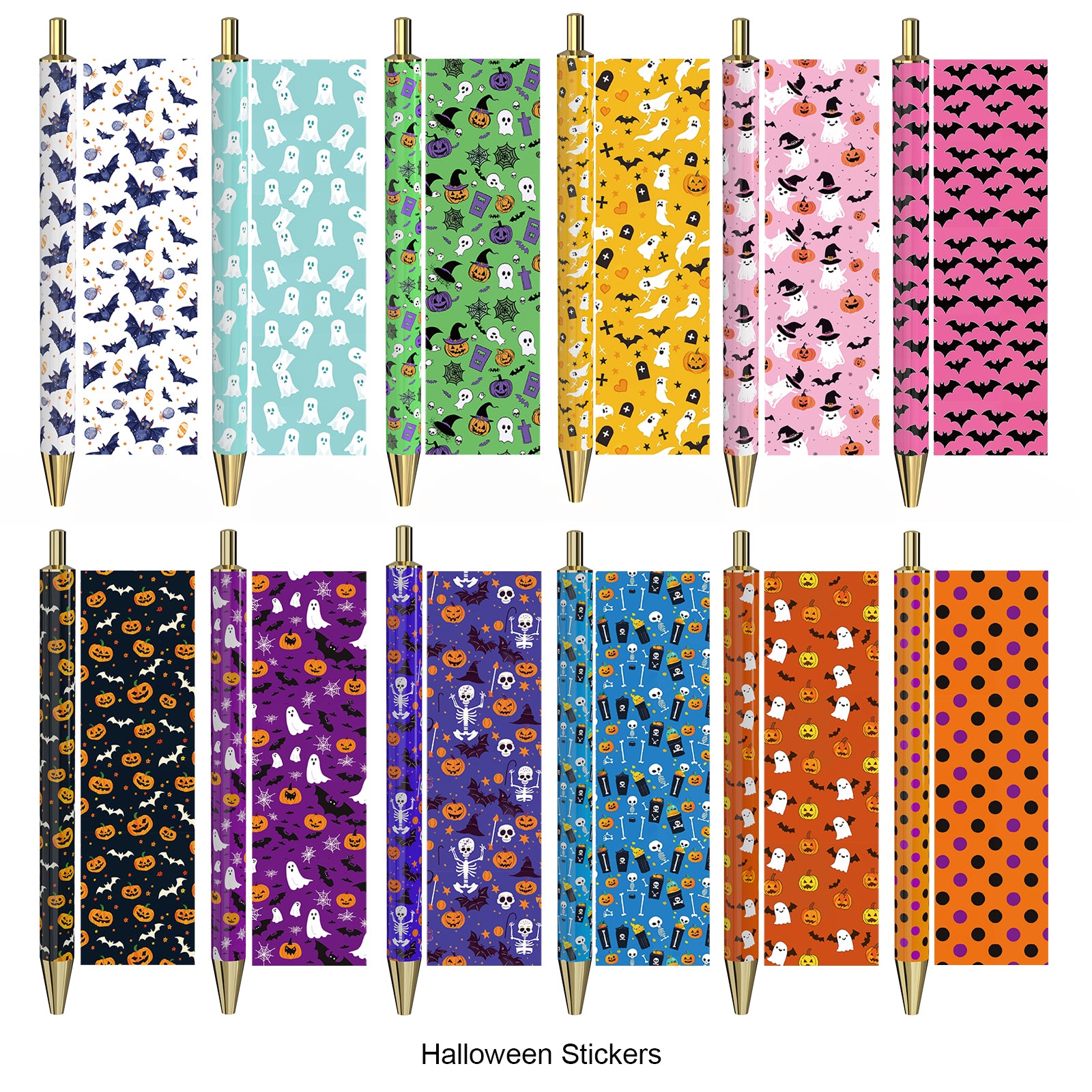 Rarler 12 Blank Click Ballpoint Pens with Blue Transparent Mesh Pencil Case, 12 Theme Stickers for DIY, Gold Tip and Cap, School Office Stationery Supplies (12 Pack)