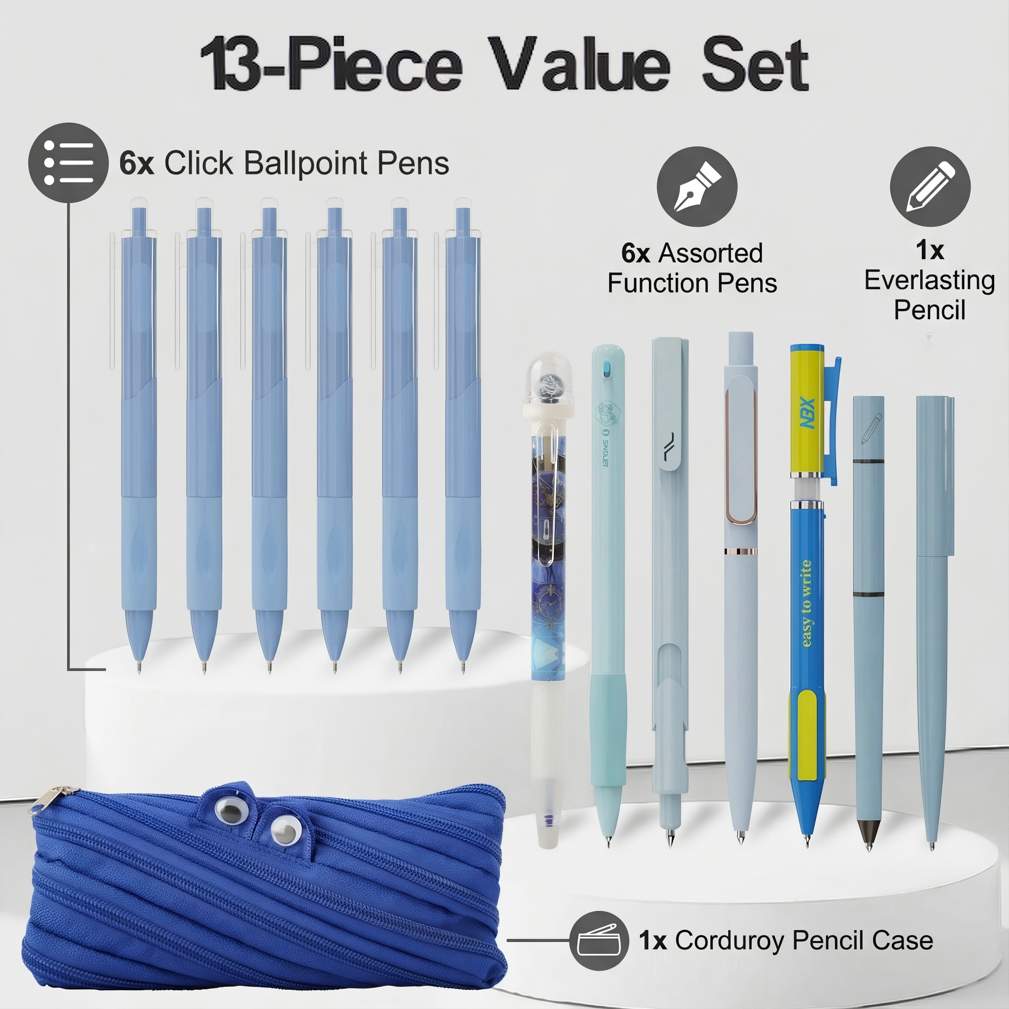 Rarler 13 PCS Smart Pen School Supplies with Moster Pencil Case, 1 Twist Pen, 1 Everlasting Pencil, 1 Grip Pen, 1 Click Pen, 1 Retractable Pen, 1 Agile Pen, 1 Erasable Gel Pen, 6 Click Ballpoint Pens 0.5mm Student Essentials infinity pen