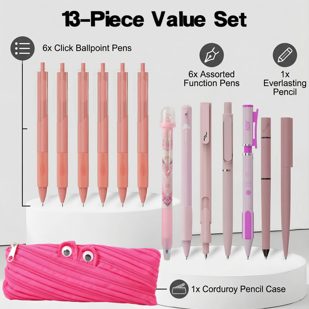 Rarler 13 PCS Smart Pen School Supplies with Moster Pencil Case, 1 Twist Pen, 1 Everlasting Pencil, 1 Grip Pen, 1 Click Pen, 1 Retractable Pen, 1 Agile Pen, 1 Erasable Gel Pen, 6 Click Ballpoint Pens 0.5mm Student Essentials infinity pen
