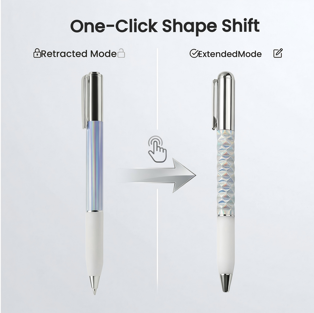 One-Click Deformable Pen, Geometric Shape-Shifting Pen - 6 Pack ( 2 Black, 2 Silver, 2 Gold) | Press to Form Diamond Crinkle Design | Multi-Functional Creative Gift for Writing, Drawing & Stress Relief